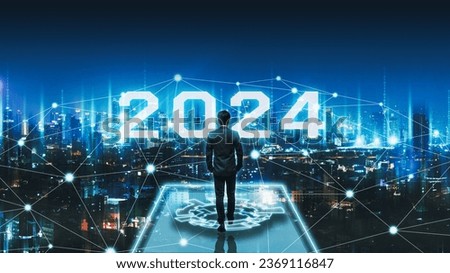 Business technology concept, Professional business man walking on future network Bangkok city background with new year 2024 text and futuristic interface graphic at night in Thailand