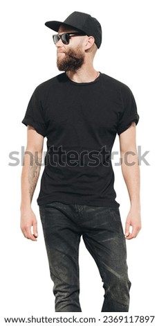 Cool Man with beard wearing black blank t-shirt with space for your logo or design on white background