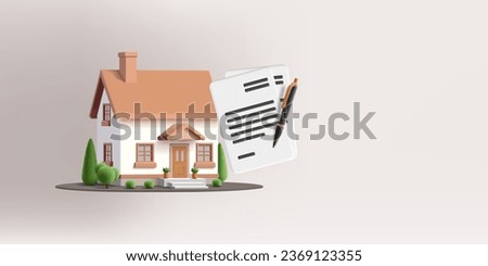 3d render vector illustration of house with contract papers icon for signature, real estate property investment, mortgage and leasing