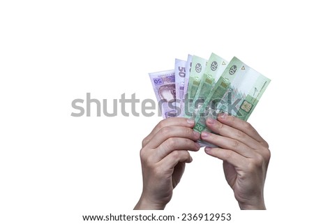 Hands with money on a white background