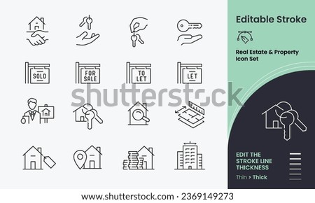 Real Estate Property Icon collection containing 16 editable stroke icons. Perfect for logos, stats and infographics. Edit the thickness of the line in any vector capable app.