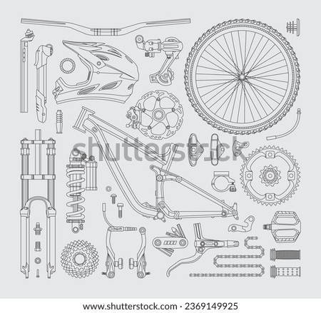 Isolated bicycle's parts. Vector linear elements