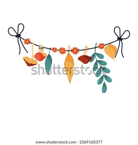 Garland of dried herbs, twigs, flowers and mushrooms on a white background in a flat style. Witch's preparations. Cartoon garland of ingredients for a potion, treatment or folk medicine. Royalty-Free Stock Photo #2369160377