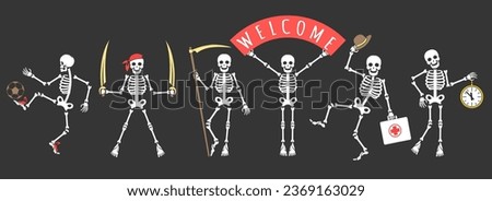 Funny skeleton collection. Humor barebone soccer player pirate cheerful scyth doctor skeletons isolated on black, comic bone frame persons vector illustration