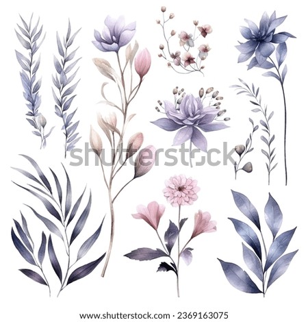 Set of handpainted grey watercolor vector flowers and leaves. Design element for wedding, congratulation card. Perfect floral elements for save the date card. Royalty-Free Stock Photo #2369163075