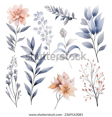 Set of handpainted grey watercolor vector flowers and leaves. Design element for wedding, congratulation card. Perfect floral elements for save the date card. Royalty-Free Stock Photo #2369163081