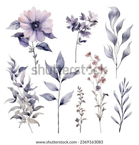 Set of handpainted grey watercolor vector flowers and leaves. Design element for wedding, congratulation card. Perfect floral elements for save the date card. Royalty-Free Stock Photo #2369163083