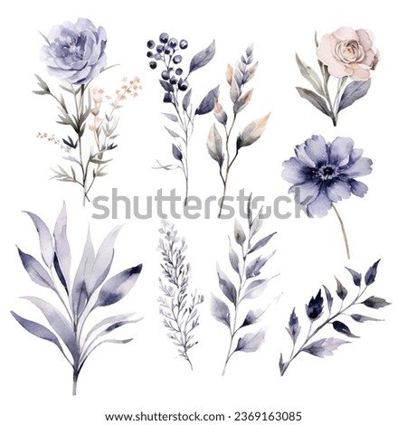 Set of handpainted grey watercolor vector flowers and leaves. Design element for wedding, congratulation card. Perfect floral elements for save the date card. Royalty-Free Stock Photo #2369163085