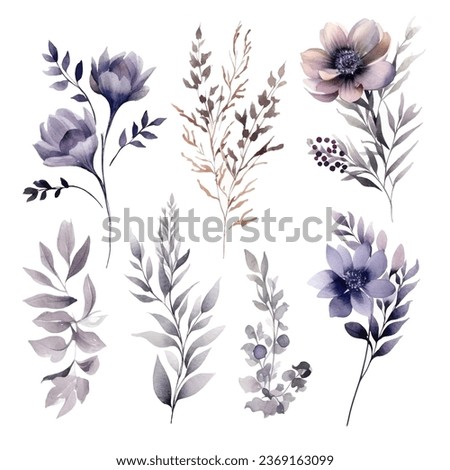Set of handpainted grey watercolor vector flowers and leaves. Design element for wedding, congratulation card. Perfect floral elements for save the date card. Royalty-Free Stock Photo #2369163099