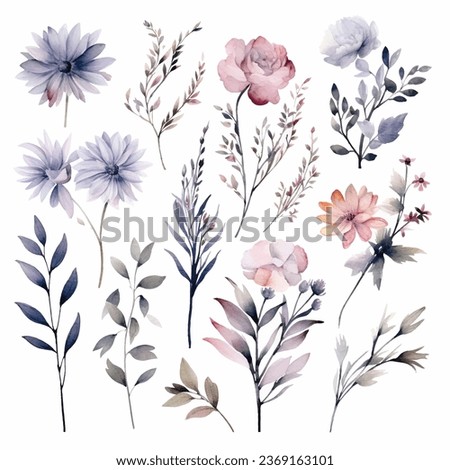 Set of handpainted grey watercolor vector flowers and leaves. Design element for wedding, congratulation card. Perfect floral elements for save the date card. Royalty-Free Stock Photo #2369163101