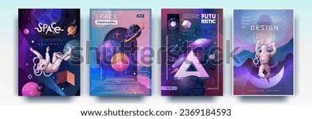 Space posters design. Future galaxy. Science and astronaut flight. Planets and 3D geometric shapes. Psychedelic cosmos man. Universe discovery banners set. Vector abstract backgrounds Royalty-Free Stock Photo #2369184593