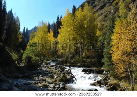 A river flows through an autumn mountain gorge