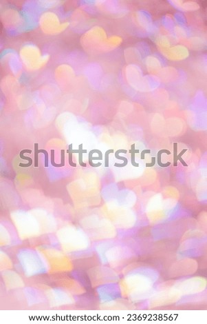 Defocused abstract bokeh background with pink pastel colored hearts, flare from lights, blurred bokeh holiday fon, celebration wallpaper. love and romance aesthetic photo, glittering lights pattern