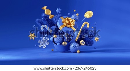 3d render, Exploding gift box. Blue and gold Christmas ornaments, candies and sweets falling out the open box, isolated on blue background. Holiday illustration