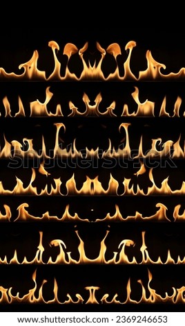 Yellow natural gas flame burning on a dark background Several pictures with different flames aspects combined