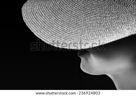 Woman silhouette in black and white photo, artistic photo of woman,woman in hat fragment photo, conceptual photo, curves, face silhouette, artistic photo, conceptual photo of woman face,woman portrait