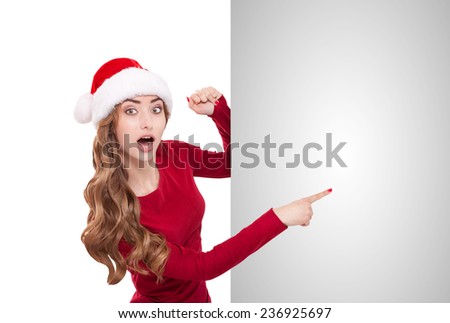 Santa woman showing on blank billboard banner. 