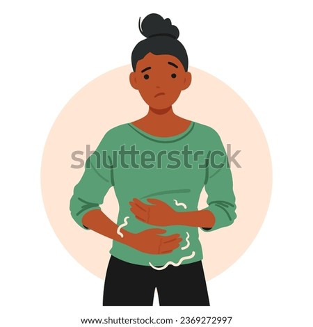 Woman Grimaces, Clutching Her Stomach In Discomfort, African American Female Character Experiences Symptoms Of Gastritis, Such As Indigestion or Abdominal Pain. Cartoon People Vector Illustration Royalty-Free Stock Photo #2369272997