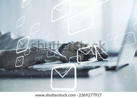 Creative concept of postal envelopes illustration with hands typing on laptop on background. Email and communications concept. Multiexposure