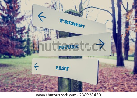 Conceptual Design of Present, Future and Past on Direction Sign Board on a Grassy Landscape with Trees at the Background.