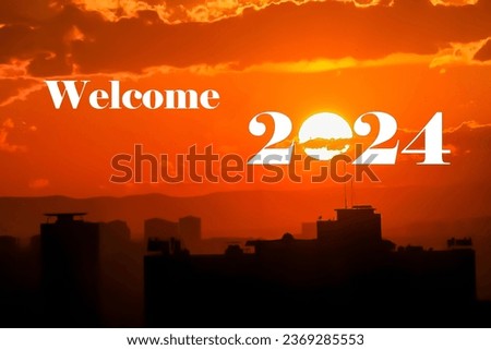 Happy New Year 2024 anniversary. Text of transition from 2023 to 2024 with the rise of the sun. The photo can be used as prints, website and social media posts.