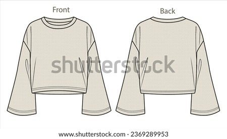 Vector long sleeved oversized top fashion CAD, woman boxy shape round neck with bell sleeves sweatshirt technical drawing, template, mock up, flat. Mesh sweater with front, back view, white color Royalty-Free Stock Photo #2369289953