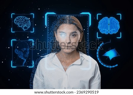 Portrait of attractive businesswoman with face recognition hologram on blurry blue background. Face ID and password concept