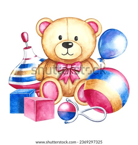 Children's toys are a ball, a spinning top, cubes and a teddy bear. Handmade watercolor illustration. For the design of children's books, postcards and flyer. For labels packaging of children's goods
