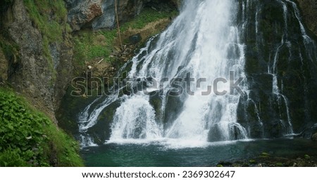 Powerful stream in green coniferous forest with fir trees. Full-flowing mountain waterfall in Alps. Gollinger Wasserfall in Austria.