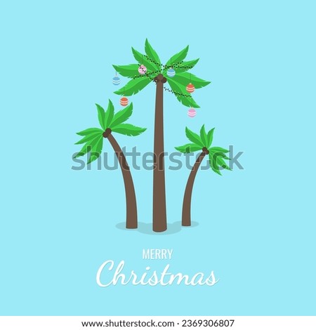 Christmas tropical palm tree with garlands and toys greeting card