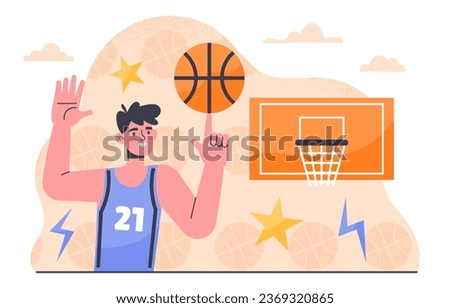 Man play basketball concept. Youmg guy in sportswear at field. Active lifestyle and sport. Team competitions and tournament. Basketvballer with ball. Cartoon flat vector illustration