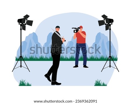 Actor holding a sword to play his character, cameraman shooting the scene from various angles with lighting, film industry vector illustration.