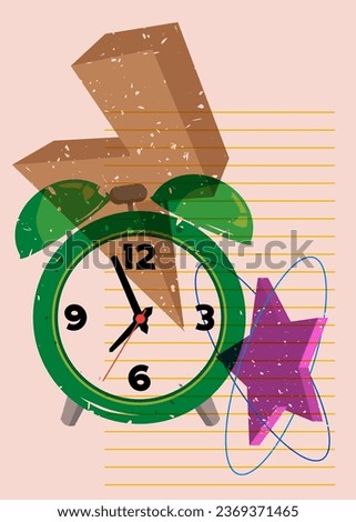 Risograph alarm clock wirh geometric shapes. Waking up early morning concept with objects in trendy riso graph design, print texture style.