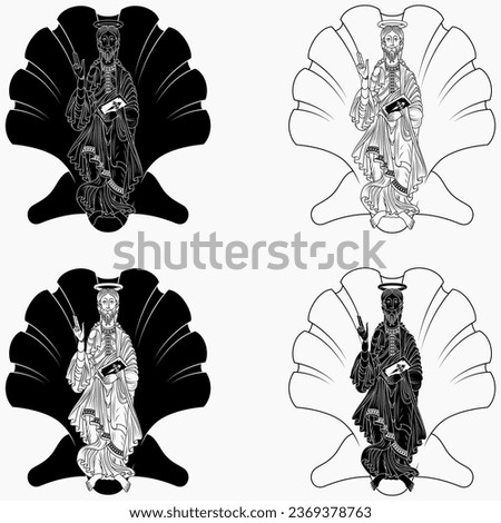 Vector design Saint James the Apostle holding a bible, with the symbol of a sea shell, Christian art from the middle ages Royalty-Free Stock Photo #2369378763