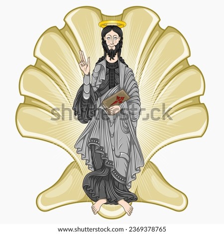 Vector design Saint James the Apostle holding a bible, with the symbol of a sea shell, Christian art from the middle ages Royalty-Free Stock Photo #2369378765