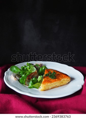 Homemade french potato pie with green salad, bacon and mushroom on the side, white plate, black and red background, vertical picture