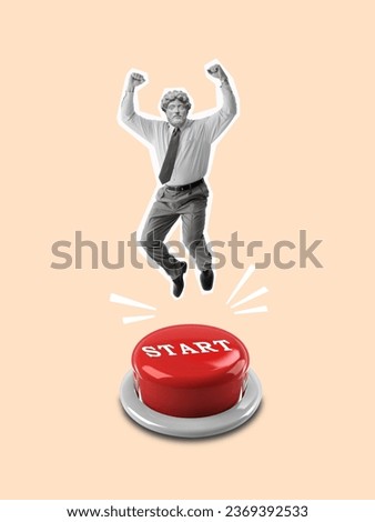 Contemporary art a man headed by a statue head jumping over the start button. Concept of motivation, goal, professional growth, support. Modern design. Copy space.
 Royalty-Free Stock Photo #2369392533