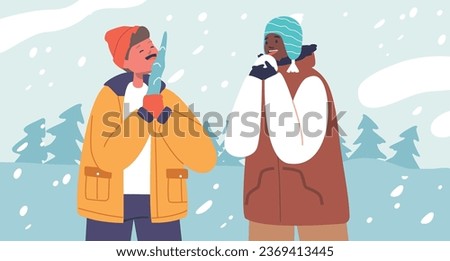 Joyful Children Characters Giggle As They Taste Freshly Fallen Snow and Licking Icicle, Cartoon Vector Illustration Royalty-Free Stock Photo #2369413445