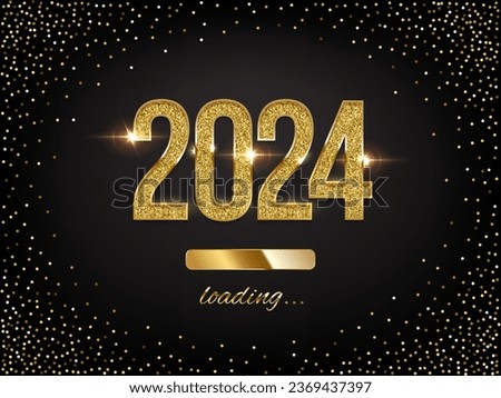New Year golden loading bar vector illustration. 2024 Year progress with lettering. Party countdown, download screen. Invitation card, banner. Event, holiday expectation. Sparkling glitter background. Royalty-Free Stock Photo #2369437397