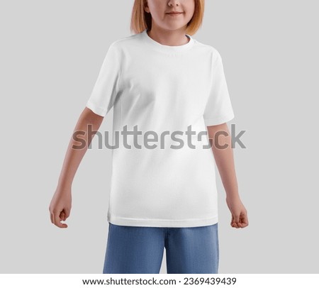 Mockup of a white t-shirt on a posing girl, isolated on the background, front view. Template of a fashionable kid's shirt for design, print, pattern, advertising. Stylish textured cloth for a child.