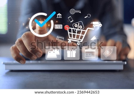 Online shopping concept. Customer is visiting online store clicking on checkmark to see what promotion discount or sale are being offered this month. Digital marketing. Royalty-Free Stock Photo #2369442653