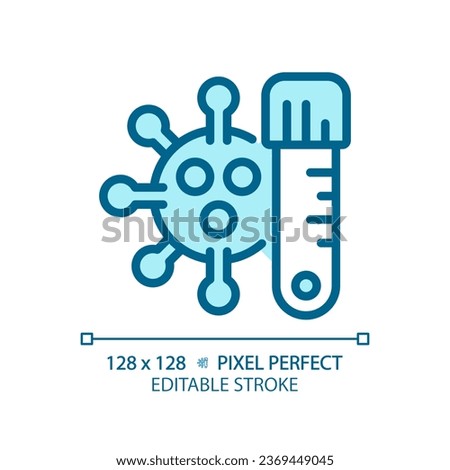 2D pixel perfect editable blue virus with tube icon, isolated monochromatic vector, thin line illustration representing bacteria.