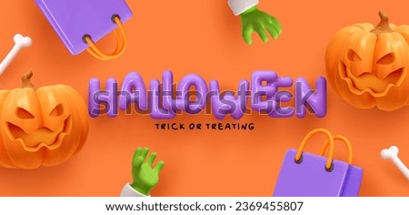 Happy Halloween day. Halloween banner sale, advertising poster. pumpkin scary face smile jack o. zombie hands and shopping bag. Inscription text Realistic 3d design plastic style. Vector illustration