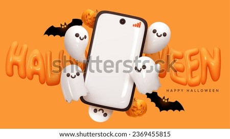 Happy Halloween day. Mobile phone with blank white screen. Smartphone template for advertising banner for Halloween with Pumpkin and ghosts. Realistic 3d design in plastic style. Vector illustration