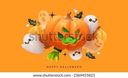 Happy Halloween day. Orange pumpkin scary face smile jack o, with a white funny ghost. Halloween its scary party background. Realistic 3d design in plastic style. Vector illustration