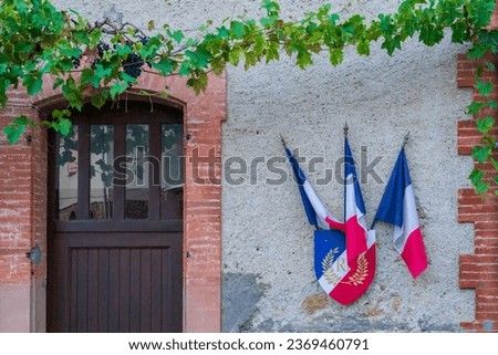 flags of the republic on a facade, Vals, Midi-Pyrénées, Ariège department, French Republic, Europe