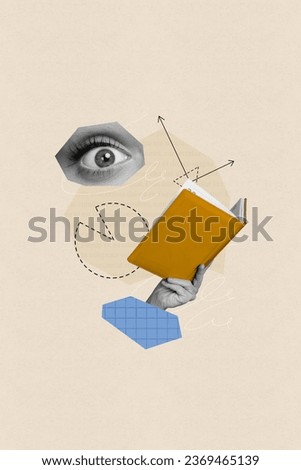 Vertical creative composite 3d photo collage of excited human eye look at book in arm learn geometry isolated on baige color background
