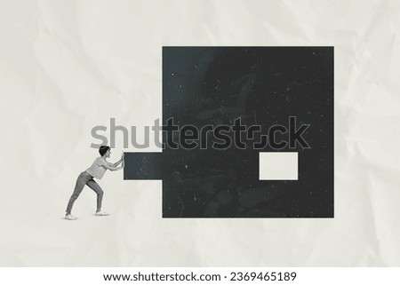Collage photo of cartoon miniature young girl pushing puzzle connecting cube creative element square element isolated on gray background Royalty-Free Stock Photo #2369465189
