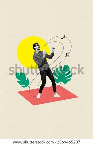 Vertical creative composite photo collage of guy hold smartphone like microphone sing song in earphones isolated on drawing background