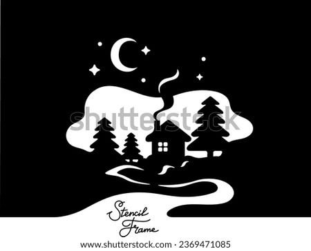 Cozy cartoon landscape. Stencil frame. Packaging and gifts. Hand drawn modern Vector illustration. Isolated design element. Poster, print template.